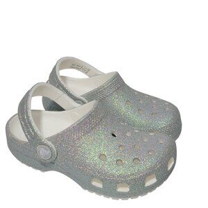 Crocs Classic Iridescent Glitter Clogs Toddler Size C9 Kid White Silver 2-5 Yrs